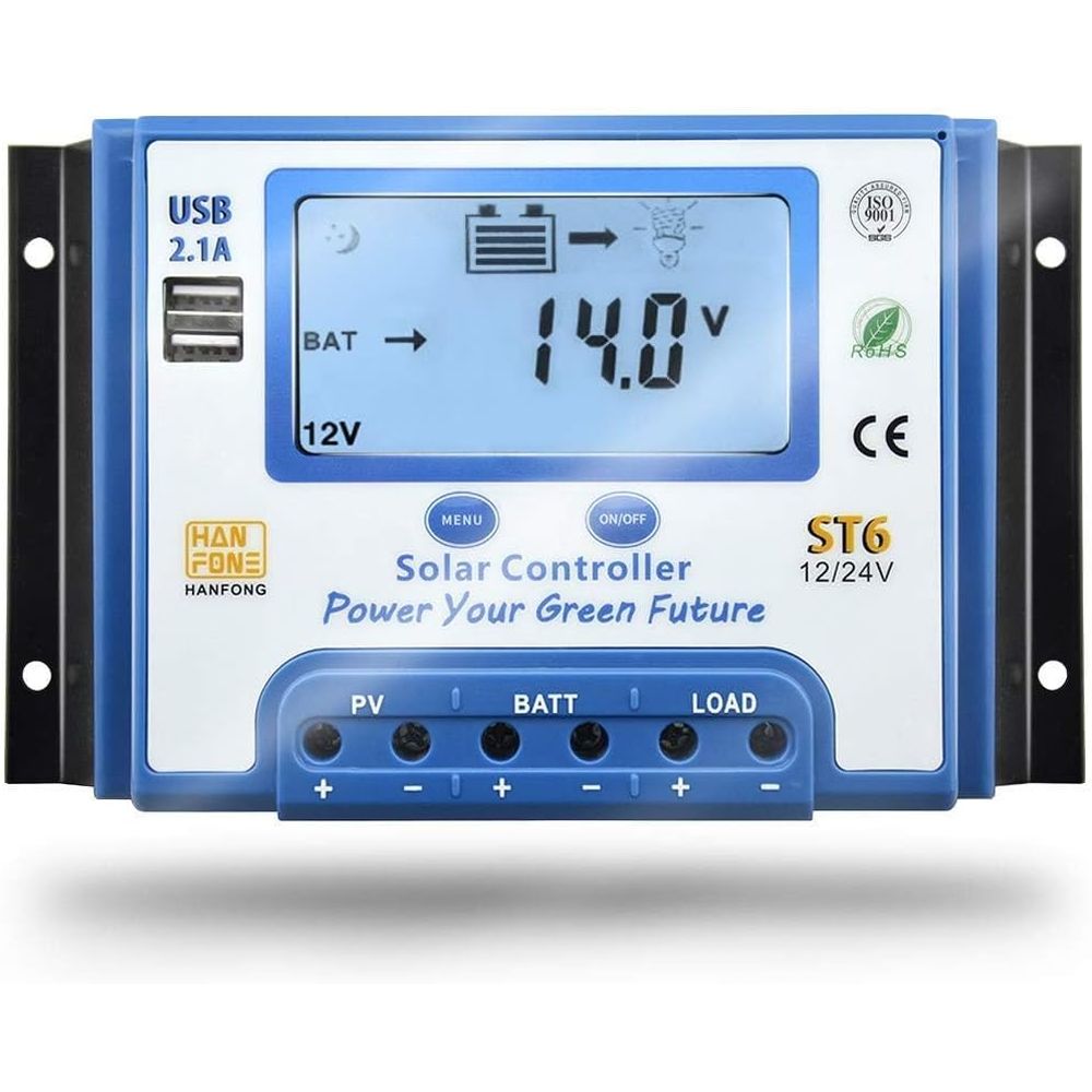 Solar Panel - ตัวควบคุมการชาร์จพลังงานแสงอาทิตย์ 60A 12V/24V ระบบตรวจจับแรงดันไฟฟ้าอัตโนมัติ ตัวควบคุมการชาร์จและปล่อยประจุแผงโซลาร์เซลล์ พร้อมพอร์ต
