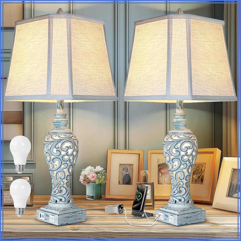 Solar Lamp - โคมไฟตั้งโต๊ะสไตล์วินเทจแบบฟาร์มเฮาส์ ชุด 2 ชิ้น พร้อมพอร์ตชาร์จ USB,