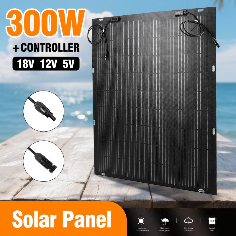 Solar Panel 200W - แผงโซลาร์เซลล์แบบยืดหยุ่น 300W 18V พร้อม/ไม่มีตัวควบคุม 60A สำหรับตั้งแคมป์กลางแจ้ง