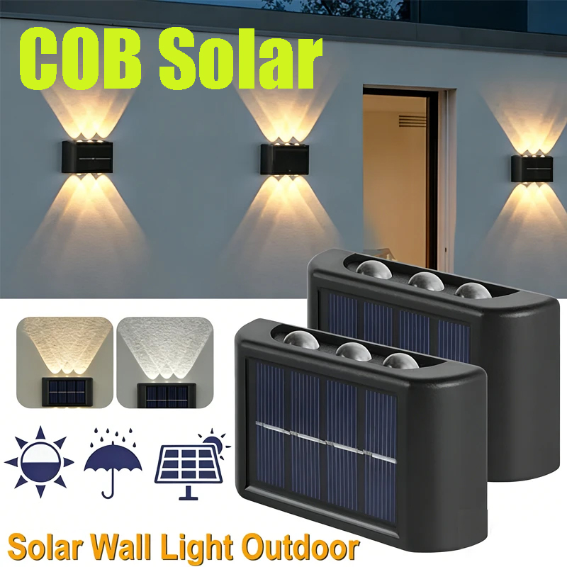 Solar Lamp - โคมไฟติดผนังพลังงานแสงอาทิตย์ COB กันน้ำสำหรับภายนอกอาคาร ไฟส่องขึ้นลงพร้อมเลนส์นูน สำหรับสวน ถนน