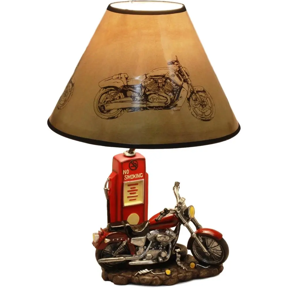 Solar Lamp - โคมไฟตั้งโต๊ะรูปปั๊มน้ำมันรถมอเตอร์ไซค์สีแดงสไตล์วินเทจเรโทร สูง 19 นิ้ว ตกแต่งบ้านธีม Route