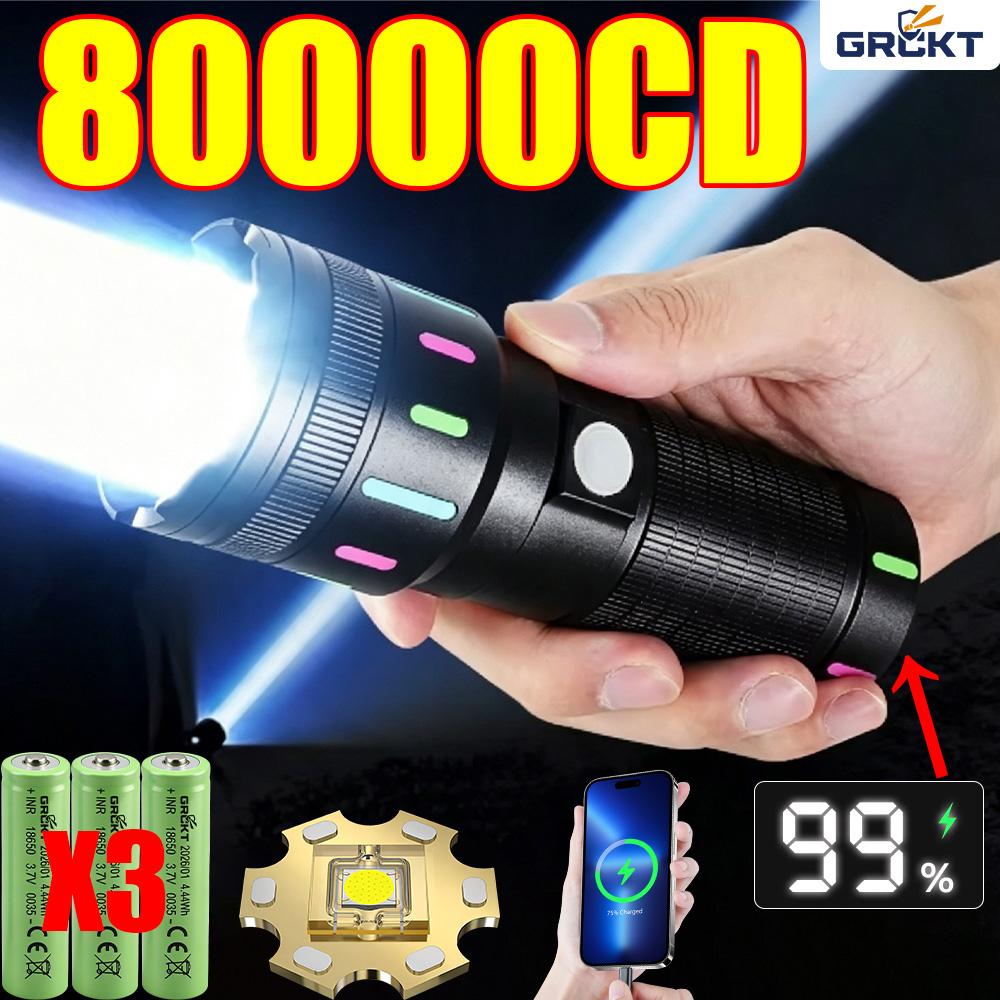 Energy Monitor Meter - ไฟฉาย LED กำลังสูง 80000CD ไฟฉายยุทธวิธีสำหรับการล่าสัตว์ ไฟฉายชาร์จได้